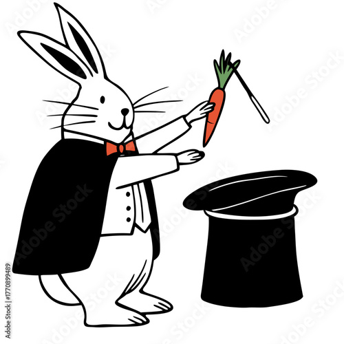 Magician Rabbit Performing a Magic Trick with Carrot and Top Hat