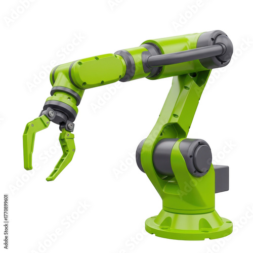 Green robotic arm with a gripper isolated on transparent background for industrial use