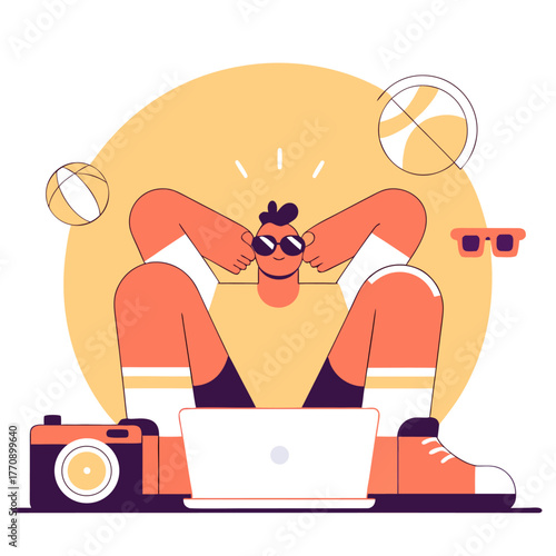 Relaxing Man Working Remotely on Vacation