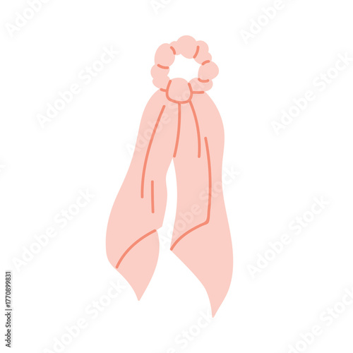 Minimalist isolated pink scrunchie with long ribbon for women hair accessory vector illustration