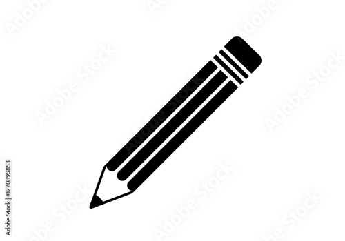 Illustration of a simple black pencil with an black eraser and a sharp point on a white canvas view graphic