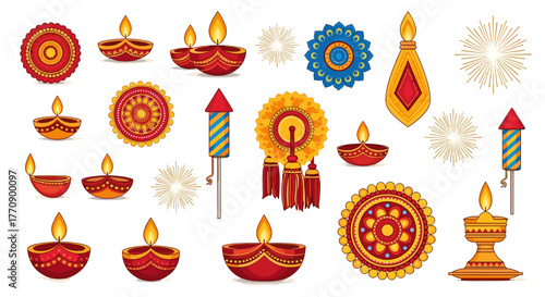 Collection of diwali diyas, fireworks, and rangoli
