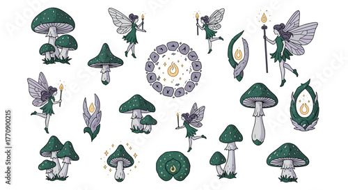 Collection of fairy and mushroom illustrations