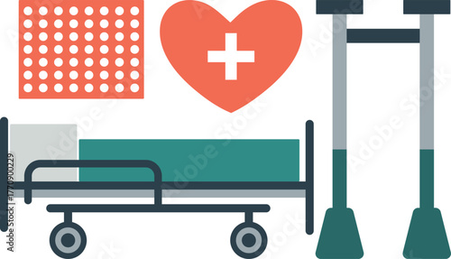 Medical symbols hospital bed crutches and heart healthcare design