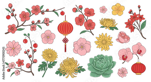 Collection of chinese new year flowers and lanterns