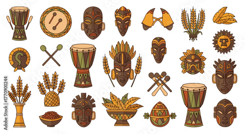 Collection of african tribal masks, drums, and corn