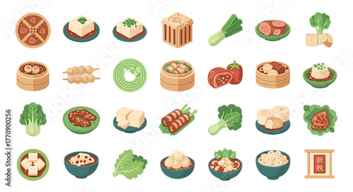Collection of asian food dishes and ingredients