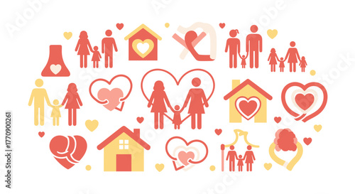 Family and home icons with hearts