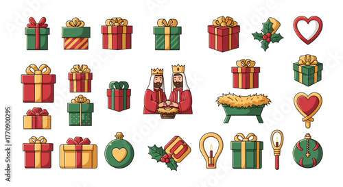 Christmas and nativity elements, gifts, kings, manger