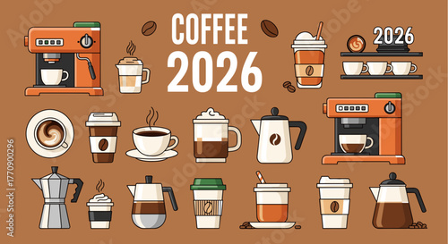 Coffee 2026 illustration with various coffee drinks and machines