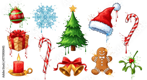 Collection of christmas elements with a watercolor splash effect