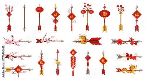 Collection of chinese new year decorative arrows and ornaments