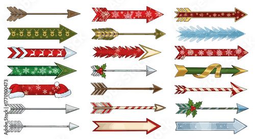 Collection of festive christmas arrows in various designs and colors