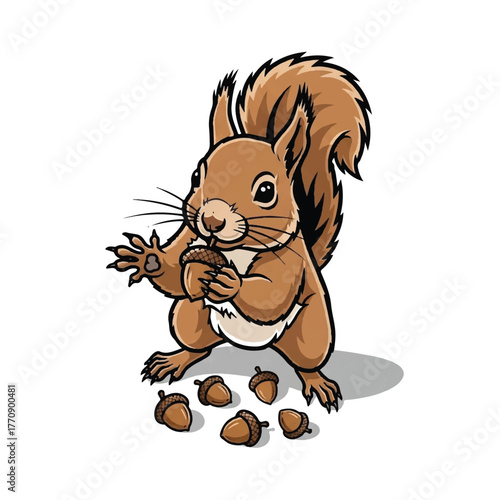 a cute squirrel collecting acorns in a forest