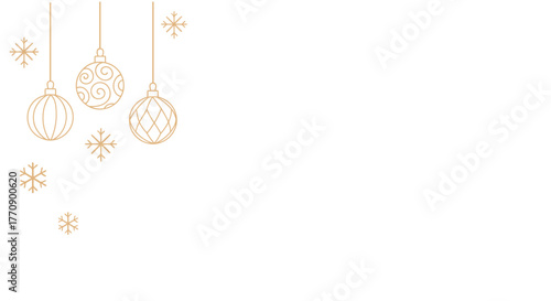 Minimal gold line christmas ornaments and snowflakes hanging on white, elegant winter border background with copy space.
