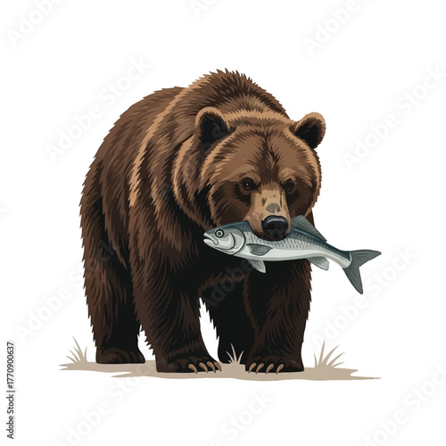 playful vector of a bear holding a caught fish