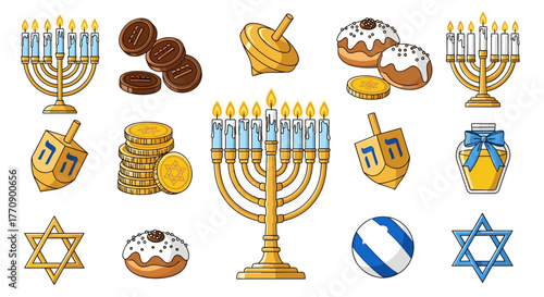 Hanukkah symbols including menorah, dreidel, gelt, donuts, and star of david