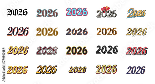 Collection of 2026 year numbers in various fonts and styles