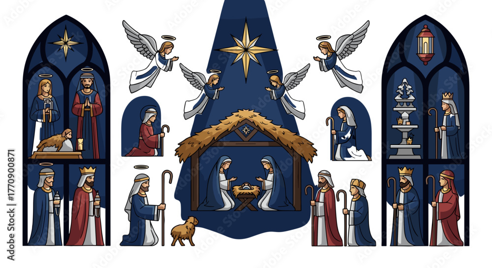Obraz premium Nativity scene with angels, wise men, and mary and joseph