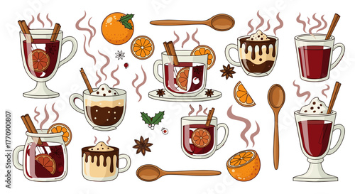 Collection of hot winter drinks with orange and cinnamon