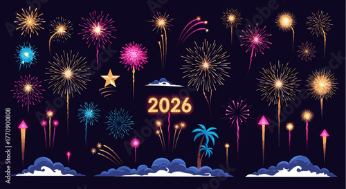 Colorful fireworks illuminate the night sky with the year 2026