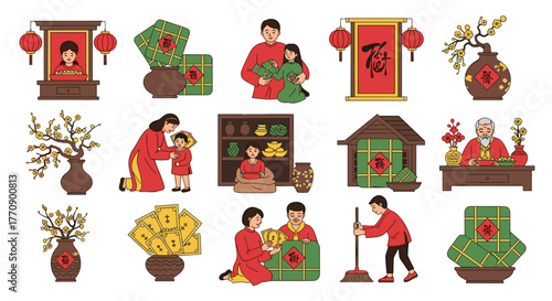 Vietnamese tet holiday traditions and symbols illustration