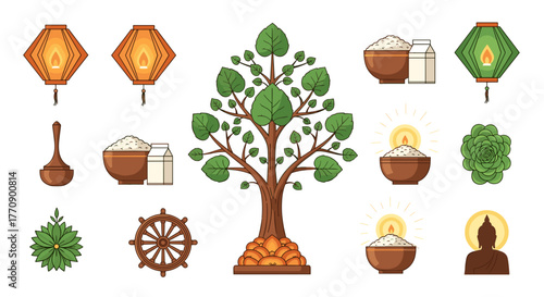 Collection of buddhist symbols and elements on a