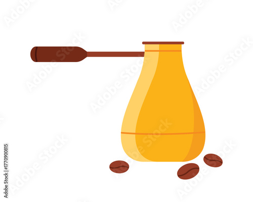 Yellow Turkish coffee pot and coffee beans on white background, isolated vector illustration