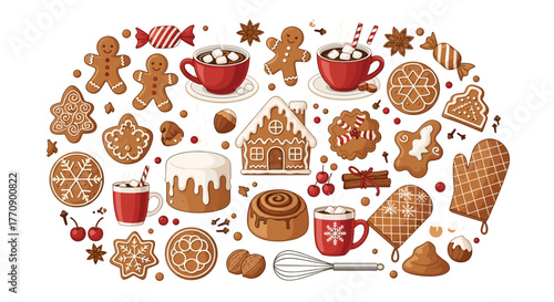 Assortment of christmas gingerbread cookies and hot chocolate drinks