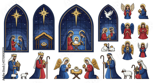 Nativity scene elements with baby jesus, mary, joseph, and angels