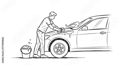 Man washing car with bucket and sponge in line art style  