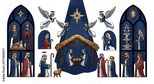 Nativity scene with angels, wise men, and mary and joseph