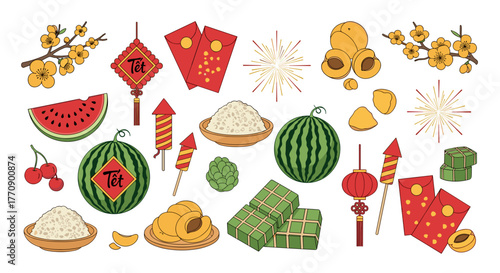 Vietnamese tet holiday symbols collection