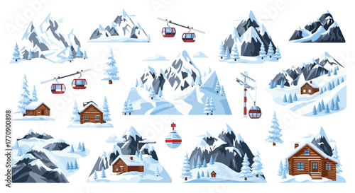 Collection of winter mountain scenes with ski lifts and cabins