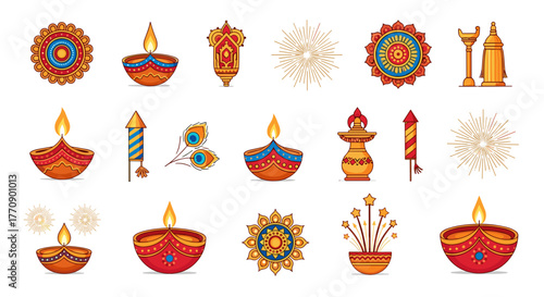Diwali diyas, fireworks, and traditional indian decorations
