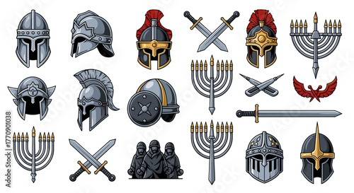 Collection of ancient helmets, swords, and menorahs