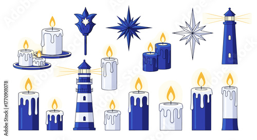 Collection of blue and white candles and lighthouses