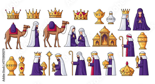 Pixel art nativity scene elements including kings, camels, and crowns