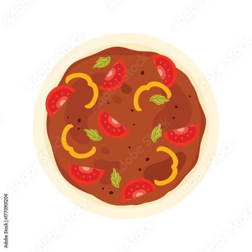 Top view of traditional UAE stew with tomatoes, herbs, and peppers on white isolated vector illustration