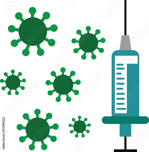 Virus particles and vaccine syringe in medical fight