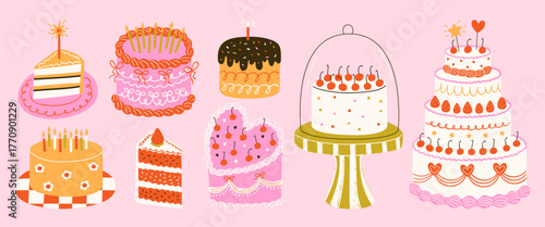Colorful hand drawn birthday and wedding cakes with strawberry, cherry and cream decorations for greeting card or invitation design. Funky doodle dessert illustrations. Quirky party celebration vector