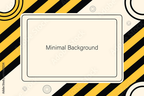 A minimalist graphic design featuring a central cream colored square frame with a subtle text minimal background surrounded by bold diagonal black and yellow hazard stripes and abstract circular eleme