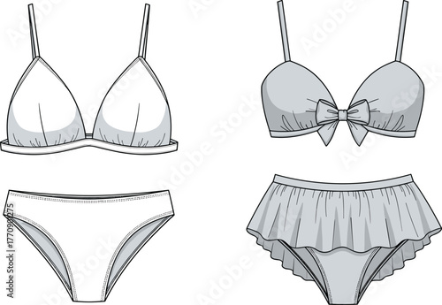 Bikini and Lingerie Technical Flat Sketch Vector Set, Featuring Bralette, Tie-Front Top and Two Styles of Bottoms, CAD Drawing Flat Vector Illustration