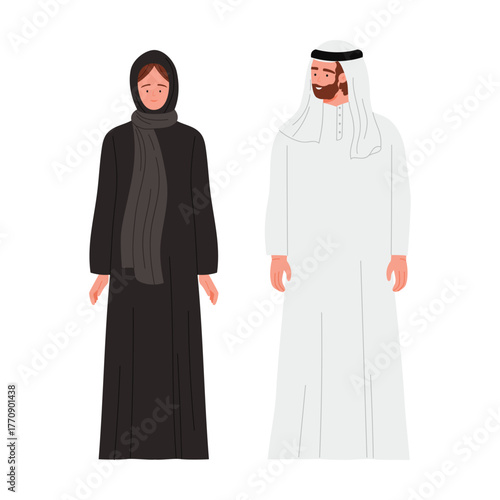 Isolated depiction of Emirati man and woman in traditional UAE attire on white background vector illustration