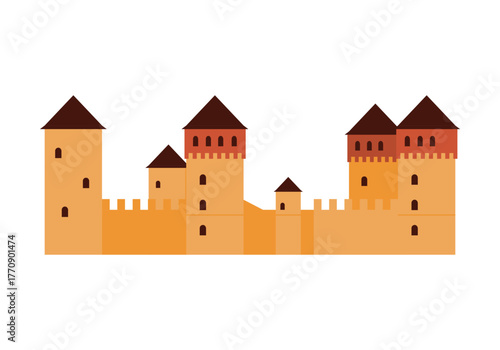 Flat design of a Ukrainian medieval castle fortress with towers on a white isolated background vector illustration