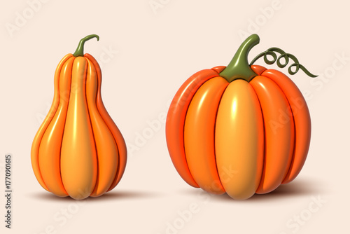 Shiny Pumpkin Inflated 3d Isolated Background, Autumn, Thanksgiving, Fruit Elements Design.