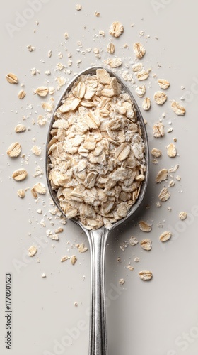 A detailed shot of a spoon full of rolled oats, offering a sense of freshness and nutrition. The oats appear wholesome and inviting