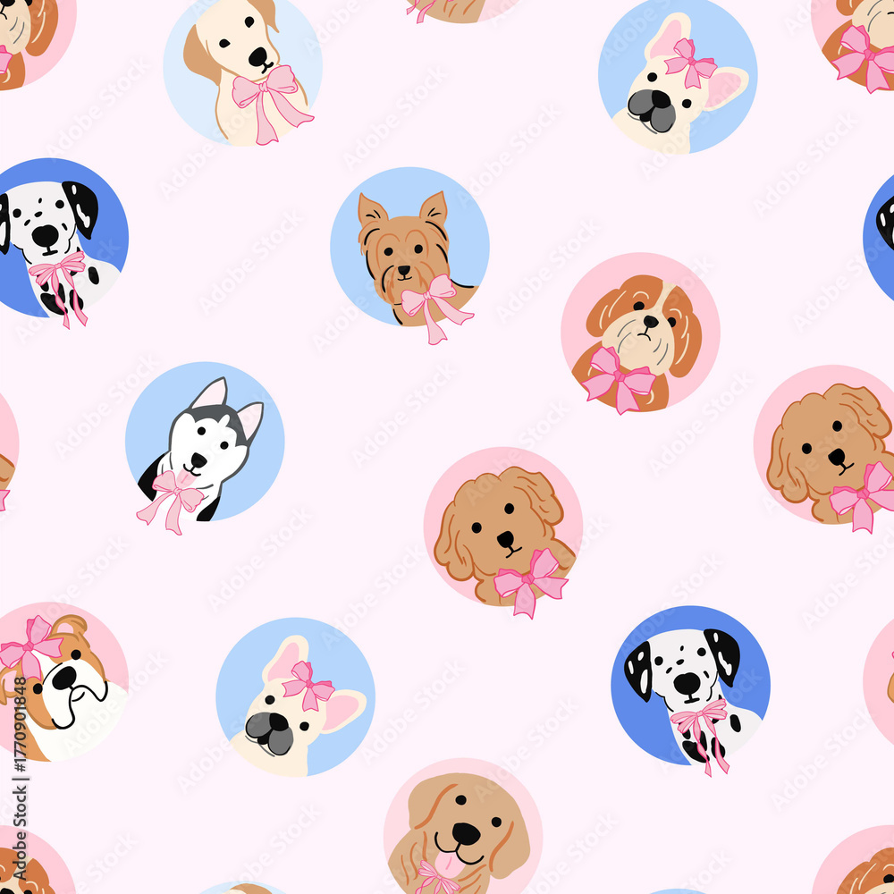 Fototapeta premium Cute Puppy Faces Seamless Pattern with Pink and Blue Circles | Adorable Dog Illustration for Kids Fabric, Wallpaper, and Stationery