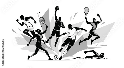 Dynamic black and white graphic illustration of multiple athletes in various sports action poses.
