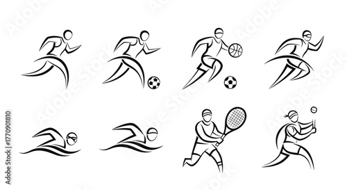 A collection of stylized black and white line art icons depicting various sports activities including running, soccer, basketball, swimming, and tennis.